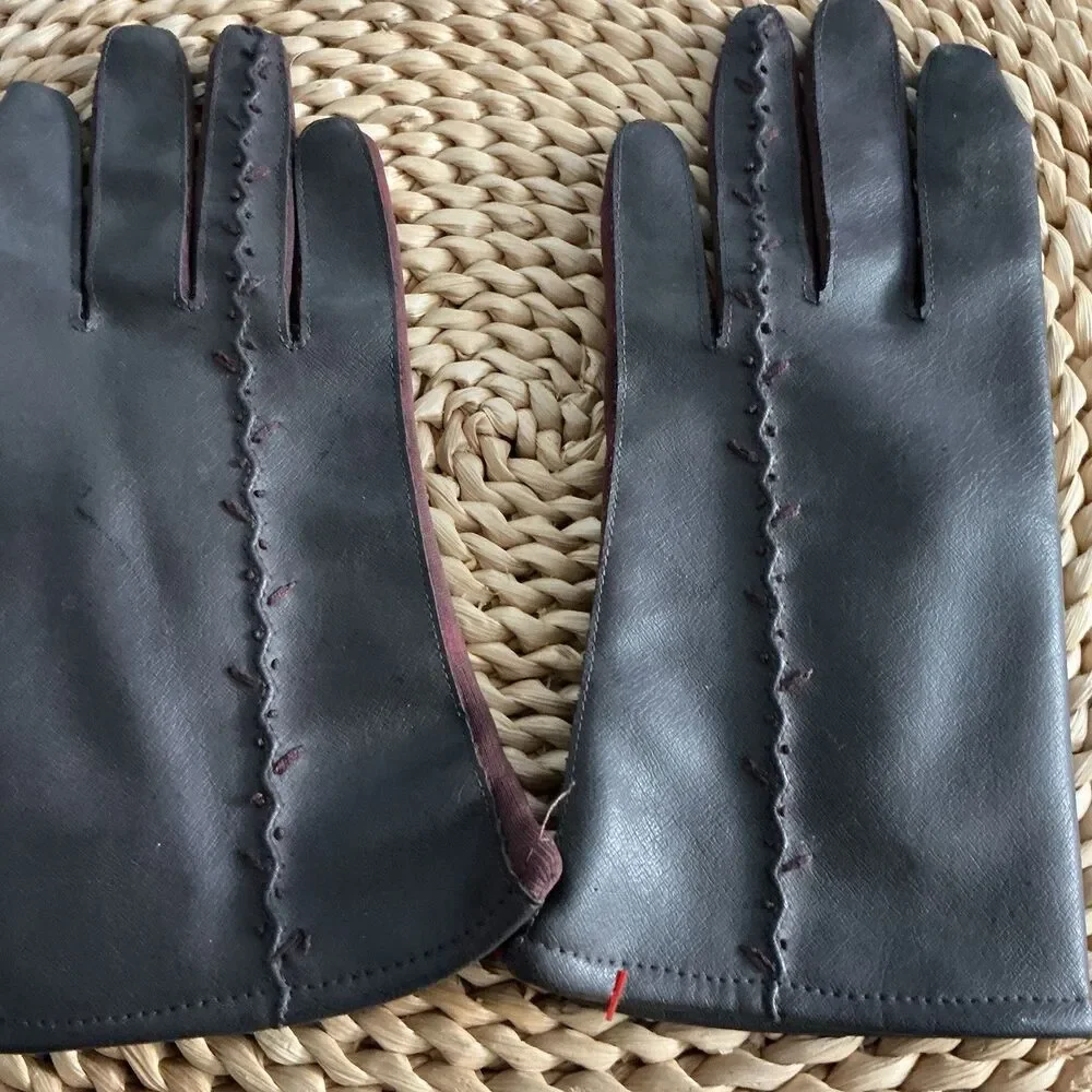 Women’s Black Faux Leather Gloves Burgundy Trim Hand Stitched Size 7